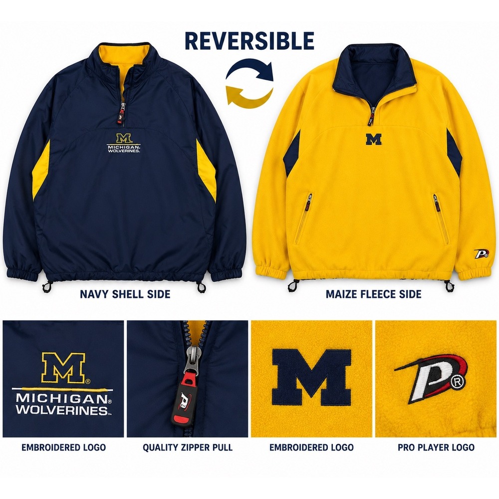 Vintage Pro Player Michigan Wolverines Jacket Sz 2XL Blue Reversible Windbreaker